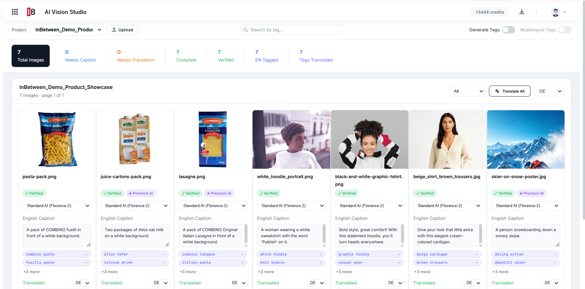 AI Vision Studio generating descriptions, captions, metadata and SEO keywords from a product image